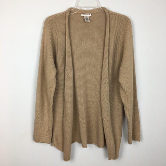 Laura Ashley Sweaters - Laura Ashley Tan Linen Cotton Cardigan Open Front Rolled Edge Cascade Medium